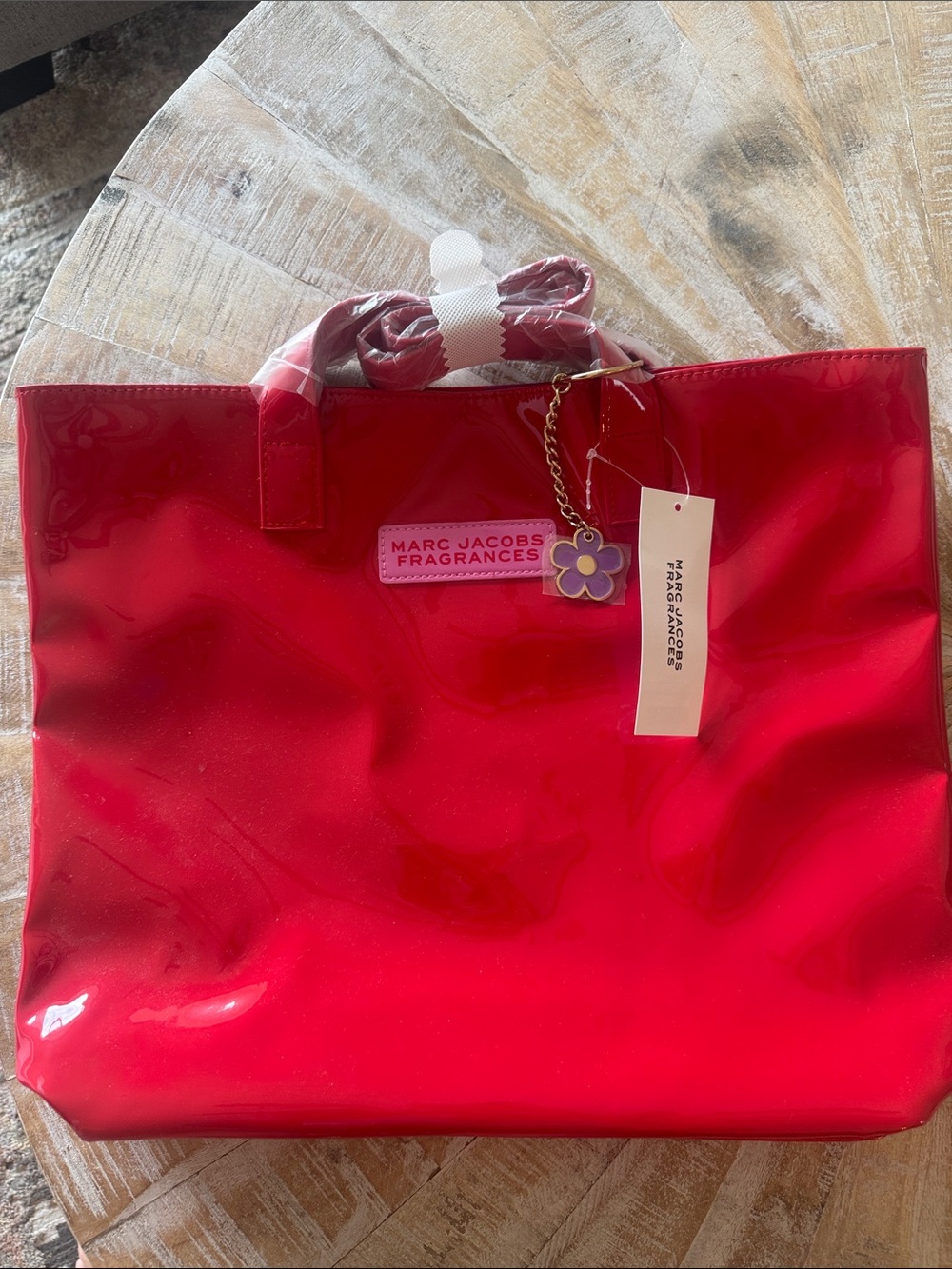 Marc Jacobs Red Patent Tote with Floral Charm